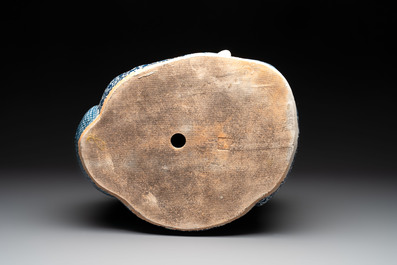 A large Chinese blue, white and copper-red Milefo Buddha, Zhu Mao Ji 朱茂記造 mark, 20th C.