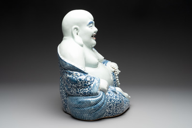 A large Chinese blue, white and copper-red Milefo Buddha, Zhu Mao Ji 朱茂記造 mark, 20th C.