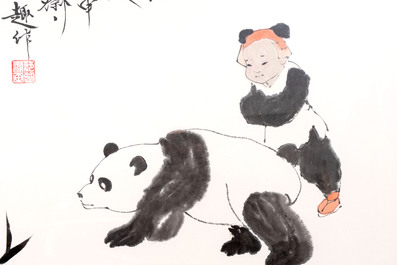 Fan Zeng 范曾 (1938): 'Panda and Boy', ink and colour on paper