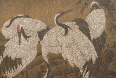 Chinese school: 'Eight cranes under a pine tree', ink and colour on silk, probably Qing