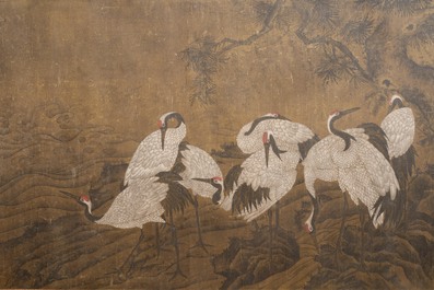 Chinese school: 'Eight cranes under a pine tree', ink and colour on silk, probably Qing