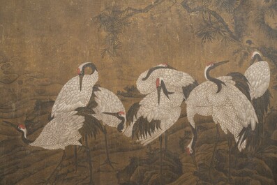 Chinese school: 'Eight cranes under a pine tree', ink and colour on silk, probably Qing