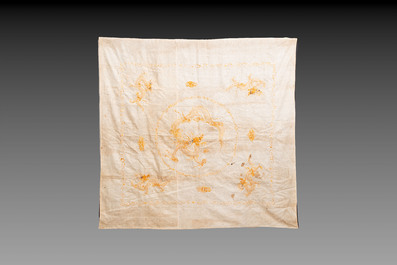 A Chinese black-ground embroidered silk panel with a four-clawed dragon, 19th C.