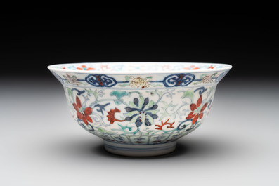 A Chinese doucai 'flower scroll' bowl, Yongzheng mark, 19/20th C.
