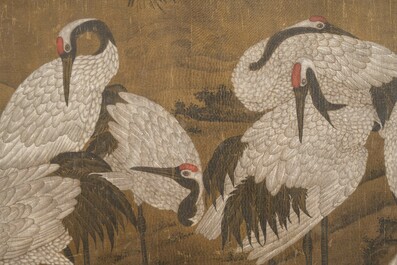Chinese school: 'Eight cranes under a pine tree', ink and colour on silk, probably Qing
