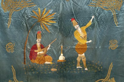 A rare and fine Ottoman oil-painted and embroidered silk panel depicting Basi Bozuic, 18/19th C.