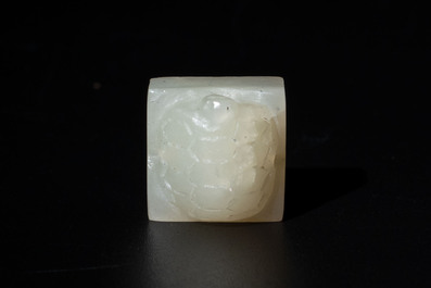 A rare and small Chinese white jade 'tortoise' seal with an original seal-form bronze box, Changsha Taishou 長沙太守 and Feng Gao 封告 mark, Song or ealier