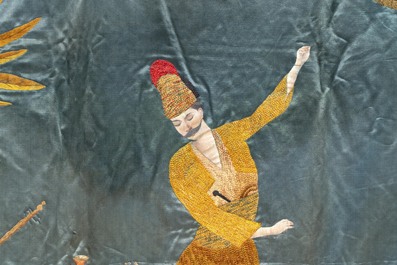 A rare and fine Ottoman oil-painted and embroidered silk panel depicting Basi Bozuic, 18/19th C.