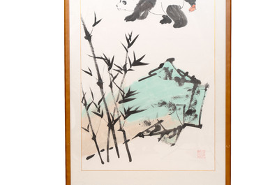 Fan Zeng 范曾 (1938): 'Panda and Boy', ink and colour on paper