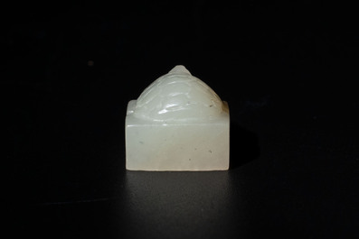 A rare and small Chinese white jade 'tortoise' seal with an original seal-form bronze box, Changsha Taishou 長沙太守 and Feng Gao 封告 mark, Song or ealier