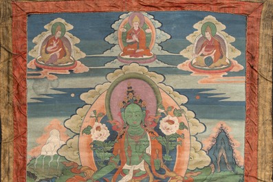 A Tibetan thangka depicting Green Tara, 19th C.