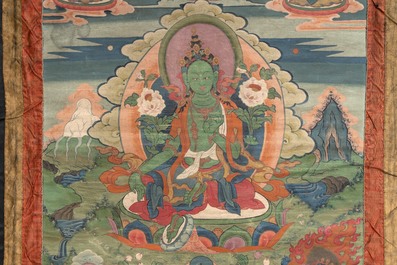 A Tibetan thangka depicting Green Tara, 19th C.