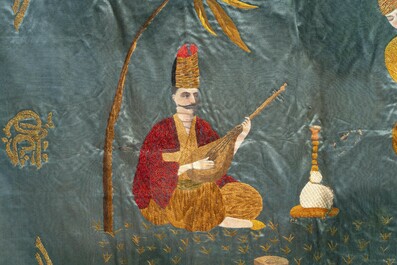 A rare and fine Ottoman oil-painted and embroidered silk panel depicting Basi Bozuic, 18/19th C.