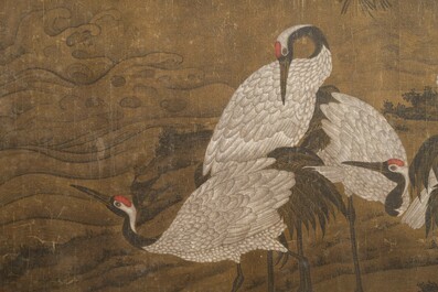 Chinese school: 'Eight cranes under a pine tree', ink and colour on silk, probably Qing