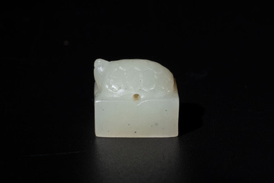 A rare and small Chinese white jade 'tortoise' seal with an original seal-form bronze box, Changsha Taishou 長沙太守 and Feng Gao 封告 mark, Song or ealier