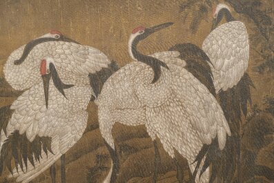 Chinese school: 'Eight cranes under a pine tree', ink and colour on silk, probably Qing