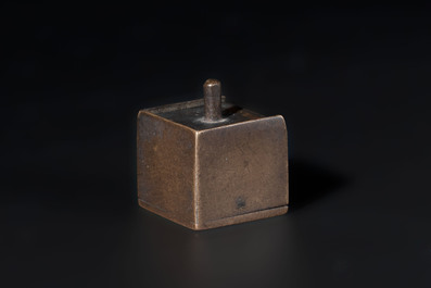 A rare and small Chinese white jade 'tortoise' seal with an original seal-form bronze box, Changsha Taishou 長沙太守 and Feng Gao 封告 mark, Song or ealier