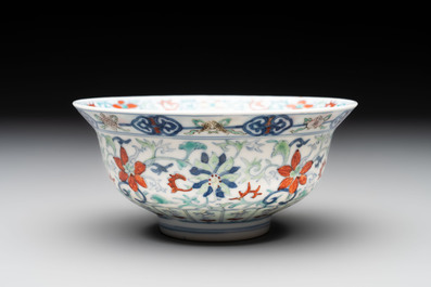 A Chinese doucai 'flower scroll' bowl, Yongzheng mark, 19/20th C.