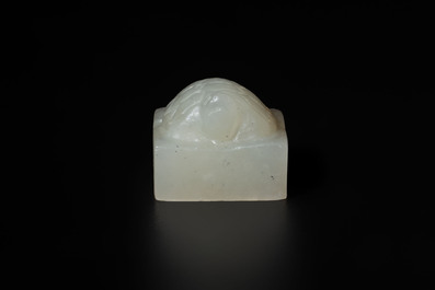 A rare and small Chinese white jade 'tortoise' seal with an original seal-form bronze box, Changsha Taishou 長沙太守 and Feng Gao 封告 mark, Song or ealier