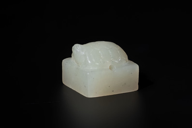A rare and small Chinese white jade 'tortoise' seal with an original seal-form bronze box, Changsha Taishou 長沙太守 and Feng Gao 封告 mark, Song or ealier