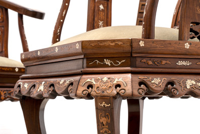 A pair of Chinese bone-inlaid hongmu chairs with dragons and phoenixes design, 20th C.