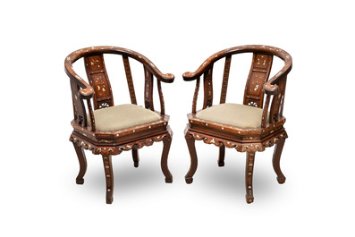 A pair of Chinese bone-inlaid hongmu chairs with dragons and phoenixes design, 20th C.