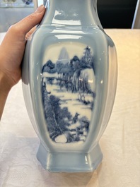 A Chinese blue and white claire-de-lune-ground 'landscape' vase, Yongzheng mark, 19th C.