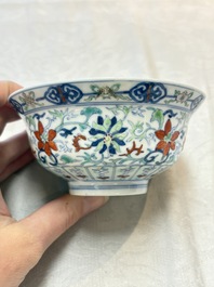 A Chinese doucai 'flower scroll' bowl, Yongzheng mark, 19/20th C.