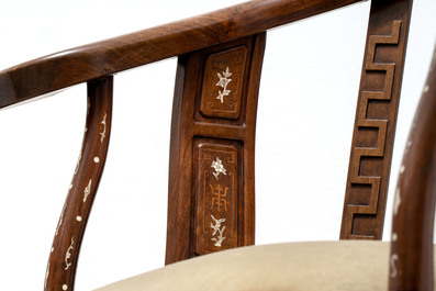 A pair of Chinese bone-inlaid hongmu chairs with dragons and phoenixes design, 20th C.