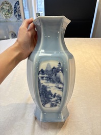A Chinese blue and white claire-de-lune-ground 'landscape' vase, Yongzheng mark, 19th C.