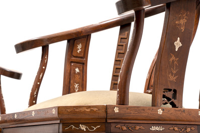 A pair of Chinese bone-inlaid hongmu chairs with dragons and phoenixes design, 20th C.