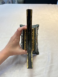 A fine Chinese spinach-green jade table screen with a gilt-cloisonn&eacute; stand, Qianlong