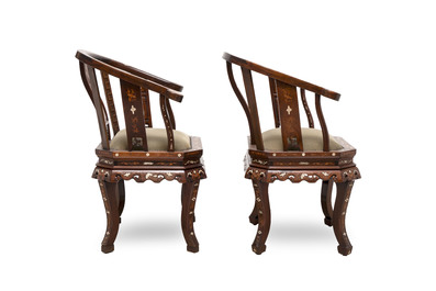 A pair of Chinese bone-inlaid hongmu chairs with dragons and phoenixes design, 20th C.