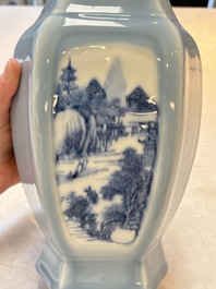A Chinese blue and white claire-de-lune-ground 'landscape' vase, Yongzheng mark, 19th C.