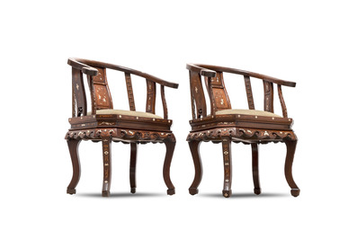 A pair of Chinese bone-inlaid hongmu chairs with dragons and phoenixes design, 20th C.