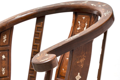 A pair of Chinese bone-inlaid hongmu chairs with dragons and phoenixes design, 20th C.