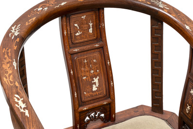 A pair of Chinese bone-inlaid hongmu chairs with dragons and phoenixes design, 20th C.