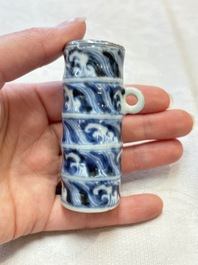 A Chinese blue and white silver-mounted 'sea waves' bird feeder and a wooden box, Xuande mark, 19/20th C.