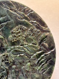 A fine Chinese spinach-green jade table screen with a gilt-cloisonn&eacute; stand, Qianlong