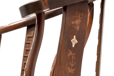 A pair of Chinese bone-inlaid hongmu chairs with dragons and phoenixes design, 20th C.