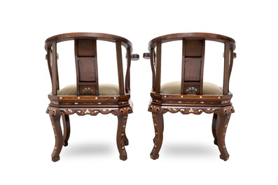 A pair of Chinese bone-inlaid hongmu chairs with dragons and phoenixes design, 20th C.
