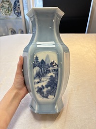 A Chinese blue and white claire-de-lune-ground 'landscape' vase, Yongzheng mark, 19th C.