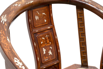 A pair of Chinese bone-inlaid hongmu chairs with dragons and phoenixes design, 20th C.