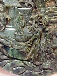 A fine Chinese spinach-green jade table screen with a gilt-cloisonn&eacute; stand, Qianlong