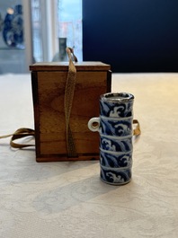 A Chinese blue and white silver-mounted 'sea waves' bird feeder and a wooden box, Xuande mark, 19/20th C.