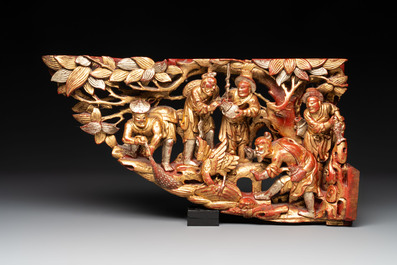Six Chinese gilt and lacquered wooden panels, 19th C.