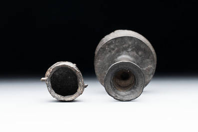 A miniature pewter candlestick and grape, excavated in Rotterdam, 16/17th C. or earlier