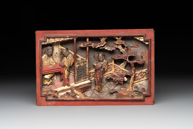 Six Chinese gilt and lacquered wooden panels, 19th C.