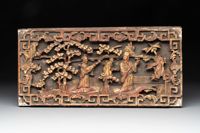 Six Chinese gilt and lacquered wooden panels, 19th C.