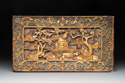 Six Chinese gilt and lacquered wooden panels, 19th C.
